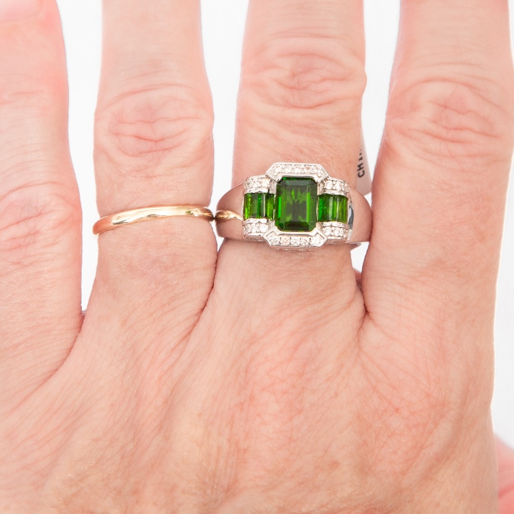 Emerald cut chrome diopside ring with round white zircon baguettes 10